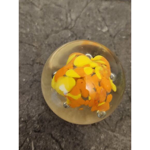 2 Hand‎ Blown Round Glass Paperweight with Yellow Orange Flowers Green Egg - Picture 3 of 13